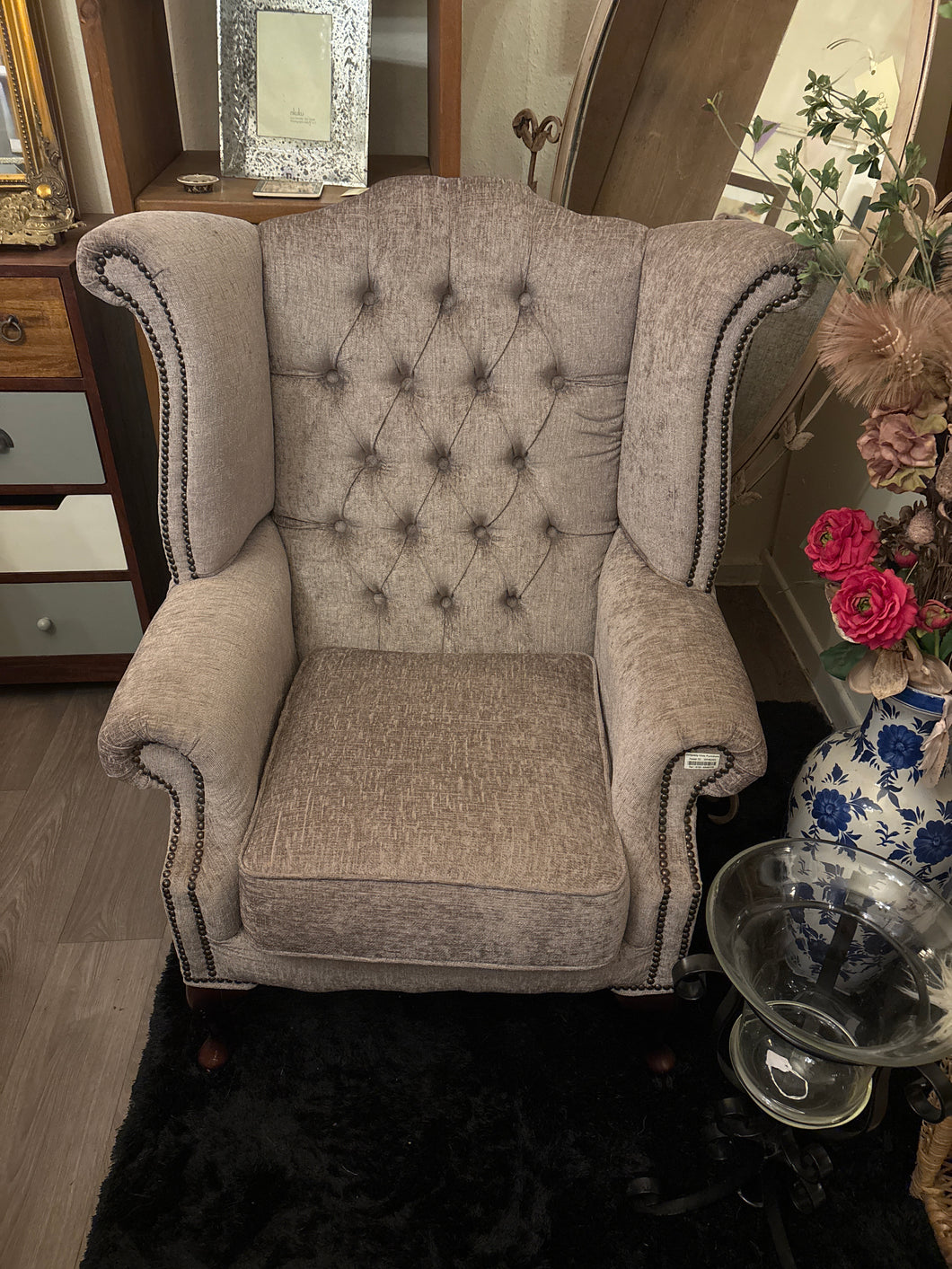 Grey wingback chairs