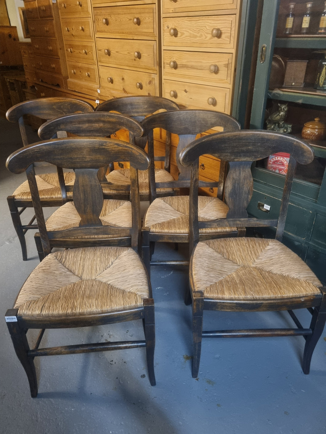 Distressed rush seat dining chairs