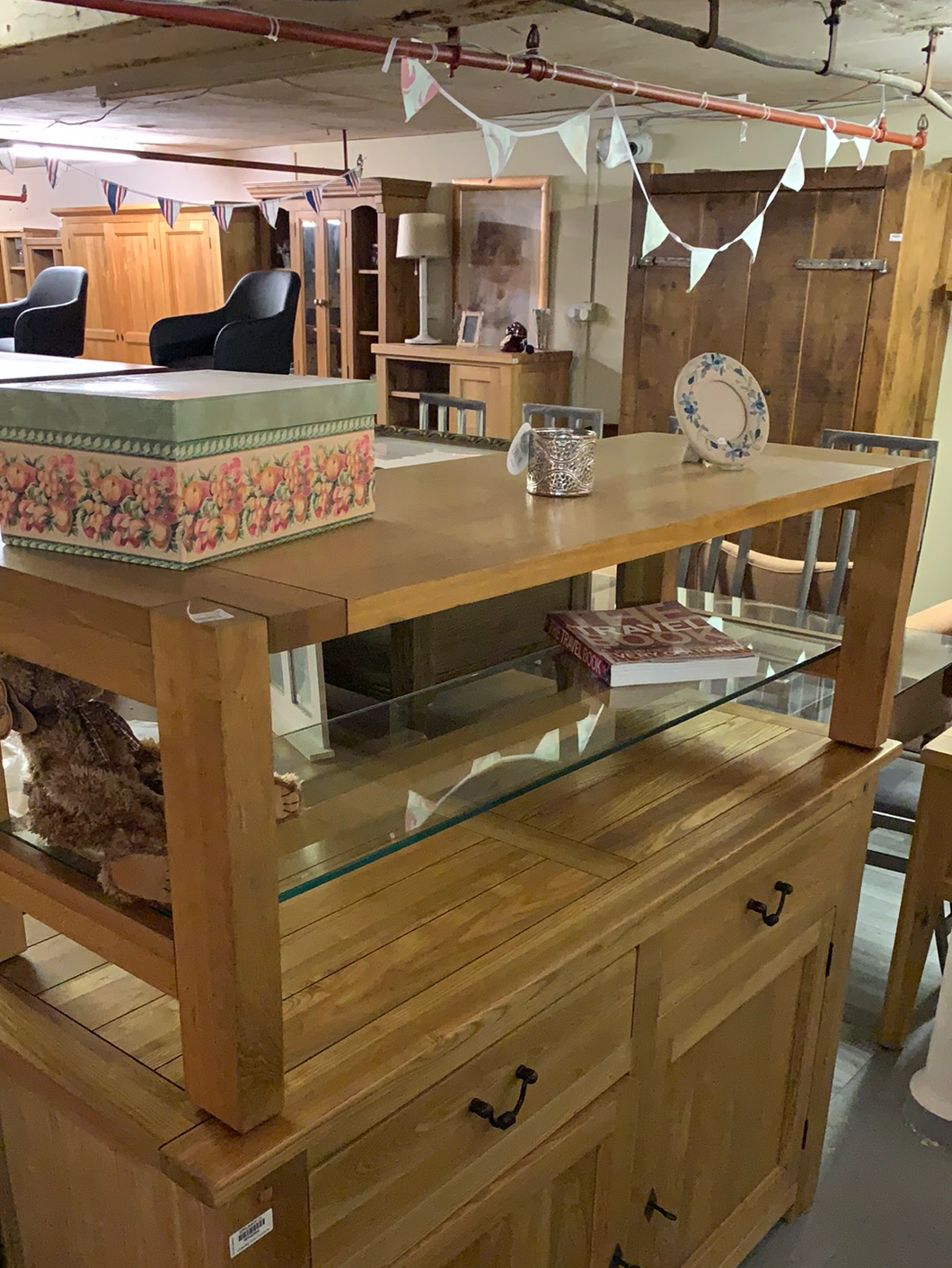Oak coffee table with glass shelf