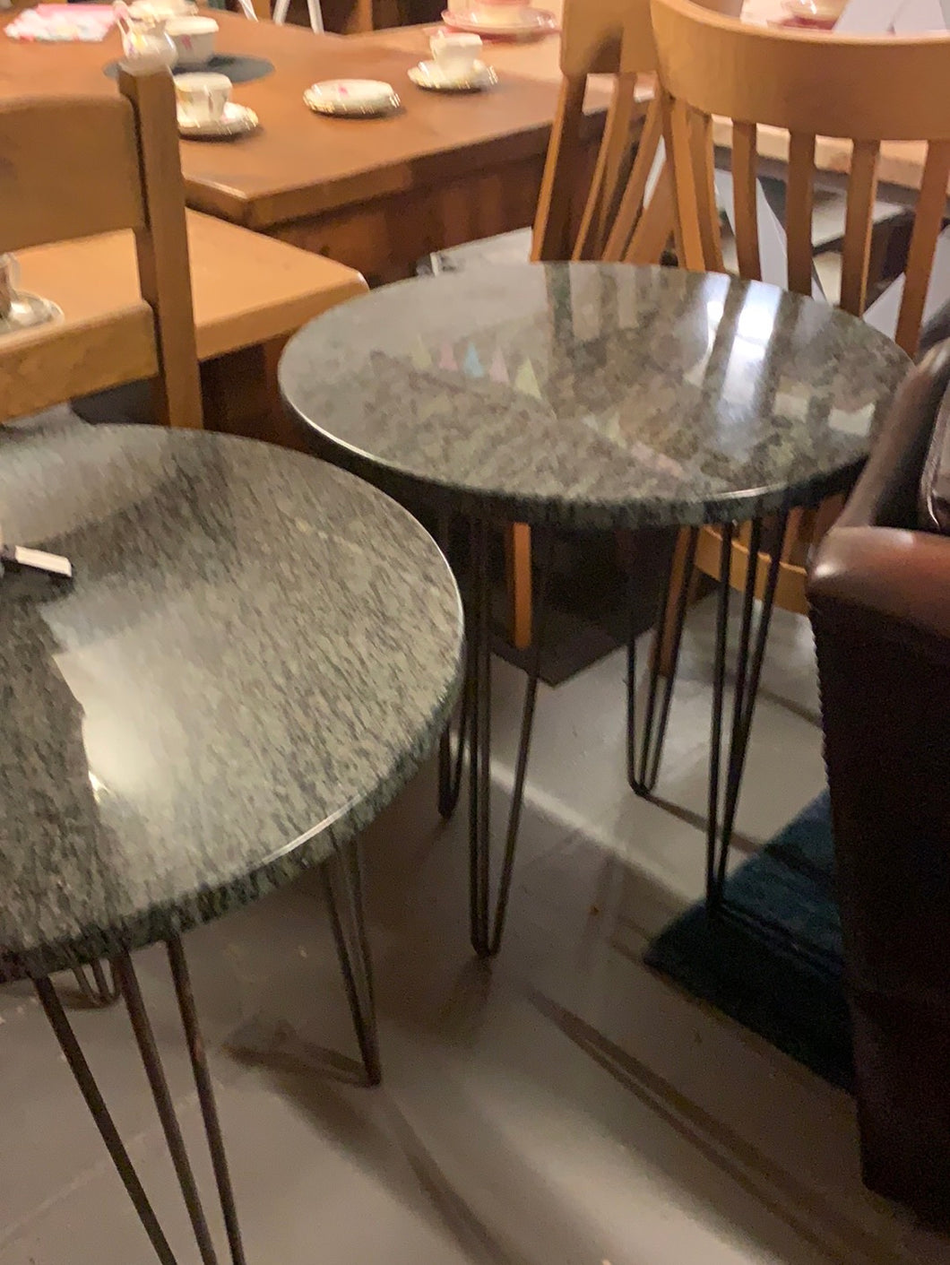 Round marble top tables with hairpin legs
